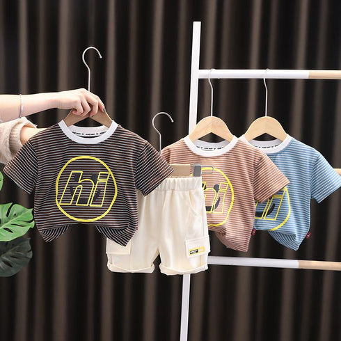 Children's Cotton Stripe Letter Short Sleeve Two Pieces